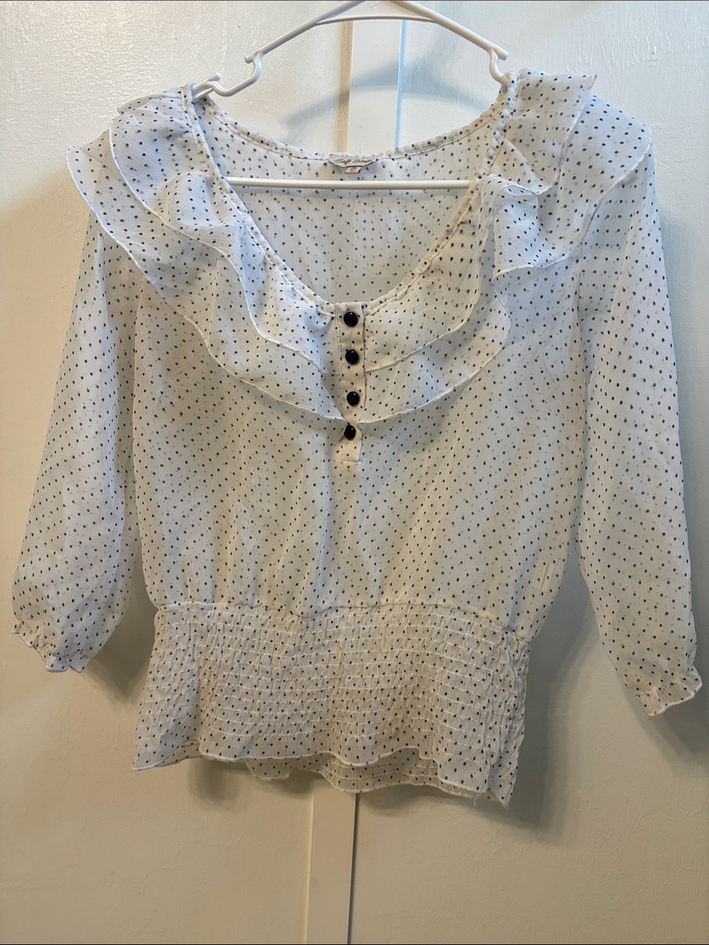 White Polka Dot Ruffle Neck Blouse with Smocked Waist 3/4 sleeve